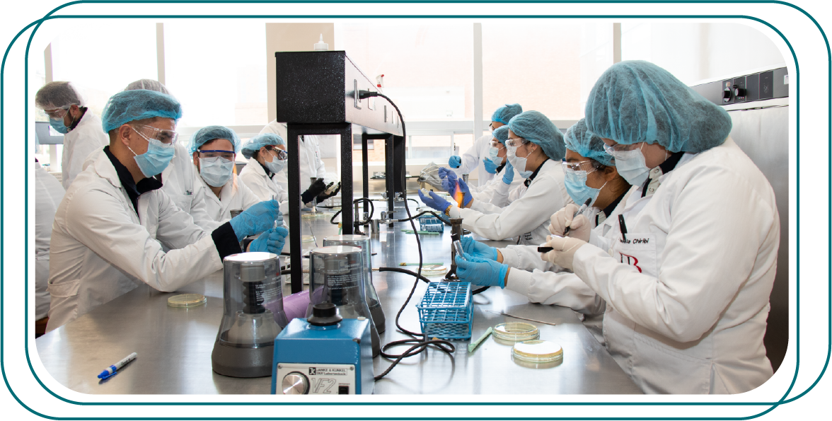 un grupo de personas en un entorno de laboratorio. Están vestidos con batas de laboratorio, gafas de seguridad y redes para el cabello. Las personas están trabajando con varios equipos de laboratorio, como pipetas, placas de Petri y una centrífuga.