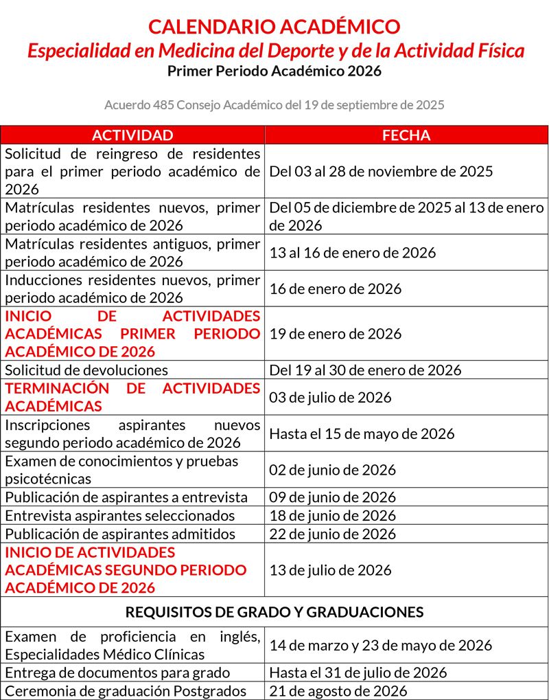 calendario académico medicina del deporte 2026
