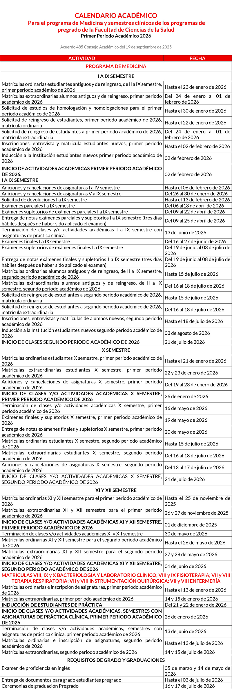 calendario académico salud 2026