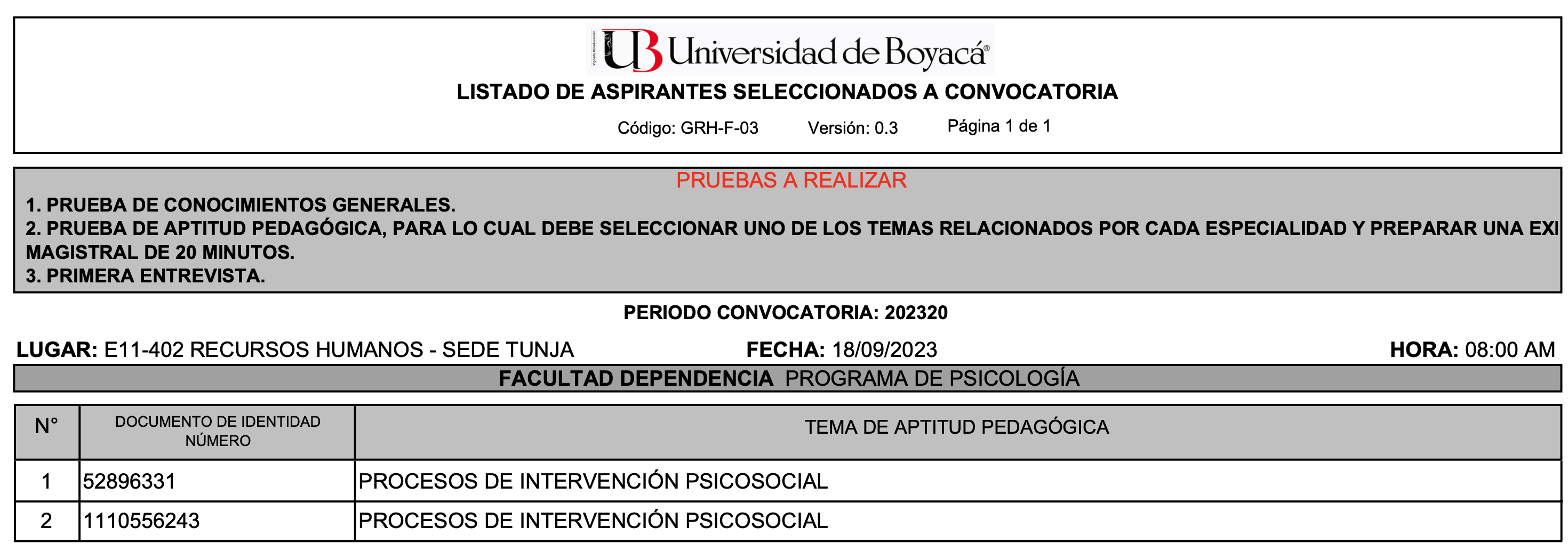 LISTADO DE ASPIRANTES SELECCIONADOS A CONVOCATORIA