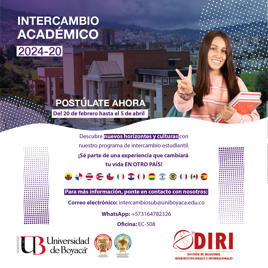 ¡Vive una experiencia que cambiará tu vida! Afianza tus conocimientos y habilidades.   Participa en la Convocatoria de Intercambio Estudiantil Saliente 2024-20 en la que podrás fortalecer tus conocimientos,   conocer nuevas culturas en alguna de nuestras Universidades aliadas y de gran prestigio a nivel nacional e internacional.     ¡Anímate!, esta puede ser la oportunidad que estabas esperando.