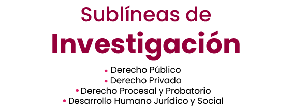 Sublíneas de investigación: Derecho Público, Derecho Privado, Derecho Procesal y Probatorio, Desarrollo Humano Jurídico y Social.