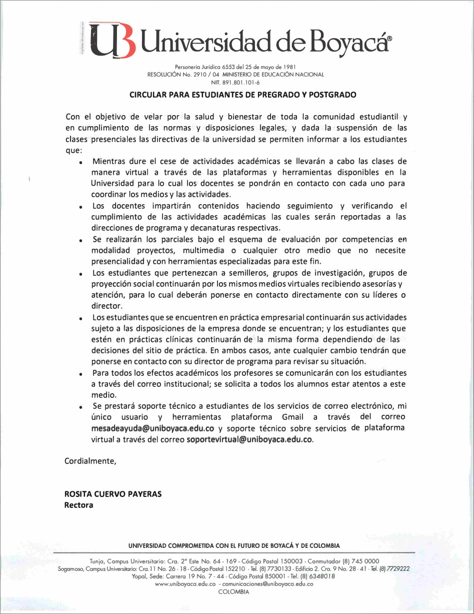 Circular para estudiantes de pregrado y postgrado